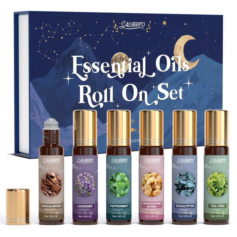 SALUBRITO Essential Oil Roll On Set, Aromatherapy Oil Roller Ball for Skin, Anxiety Relief, Relaxation Gift for Women, Lavender, Peppermint, Tea Tree, Eucalyptus, Frankincense, Myrrh, Sandalwood